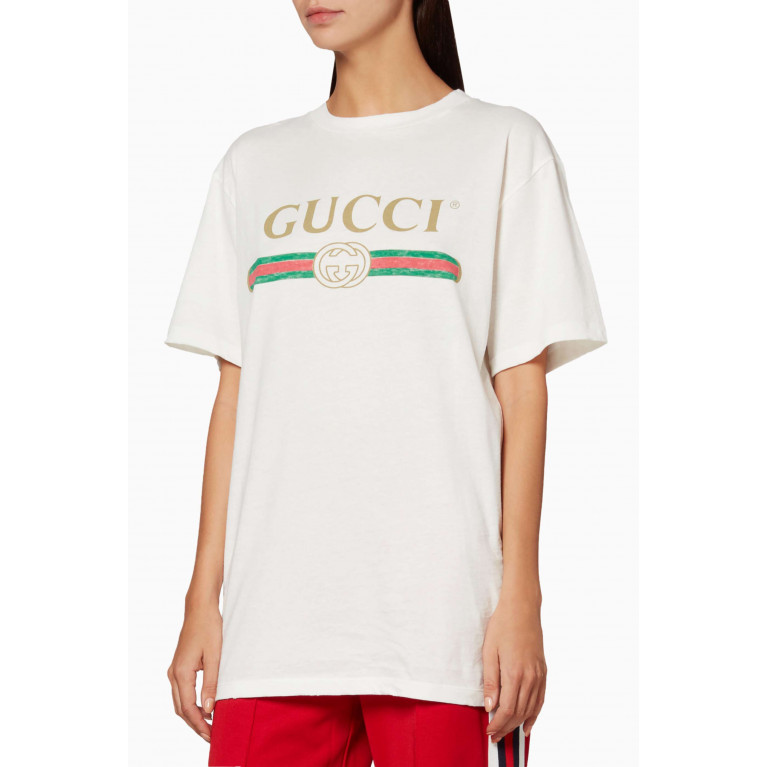 Gucci - Distressed-Neckline Worn Vintage-Effect Logo T-Shirt White