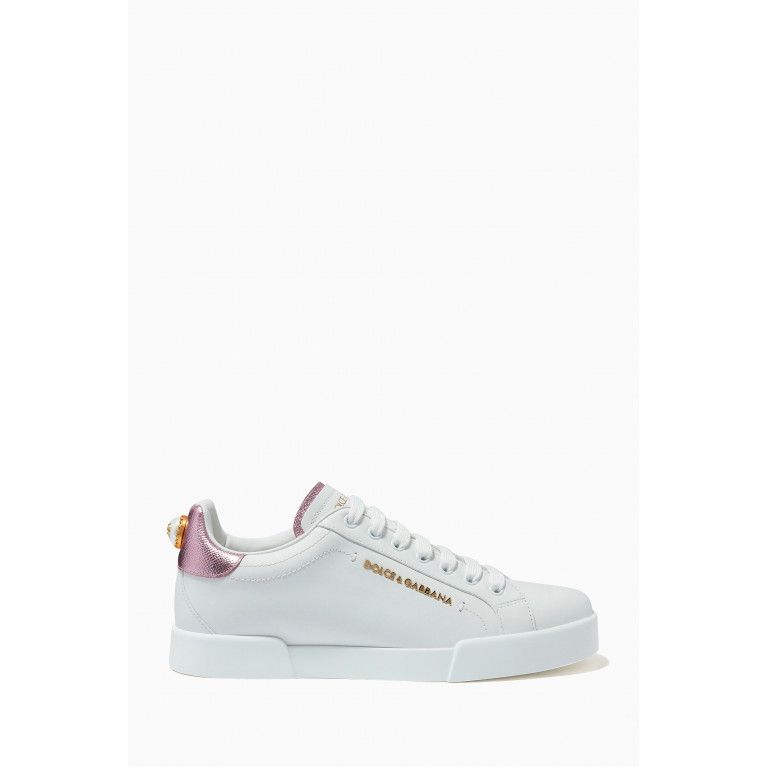 Dolce & Gabbana - Pearl-Detail Portofino Sneakers in Calf Leather Pink
