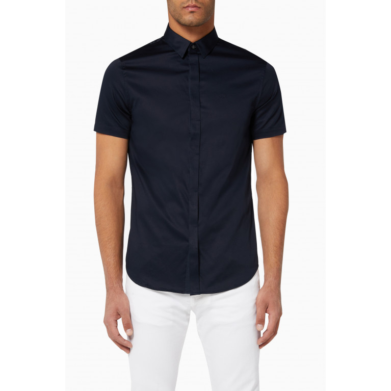 Armani Exchange - Logo Stretch Cotton Poplin Shirt Blue