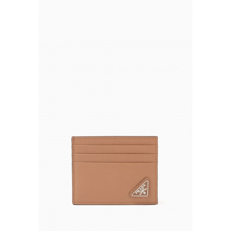 Prada - Triangle Logo Card Holder in Saffiano Leather Neutral