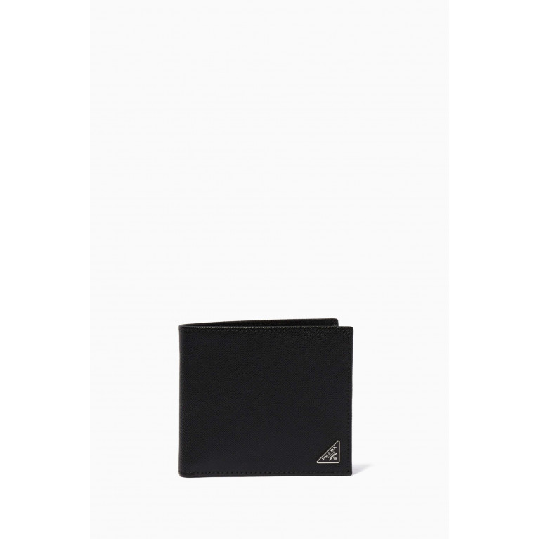 Prada - Black Triangle Logo Saffiano Leather Bill-Fold Wallet Black