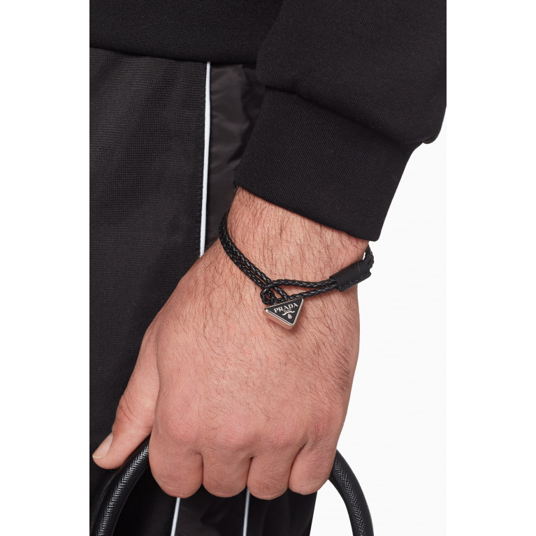 Prada - Leather Rope Triangle Logo Bracelet Black