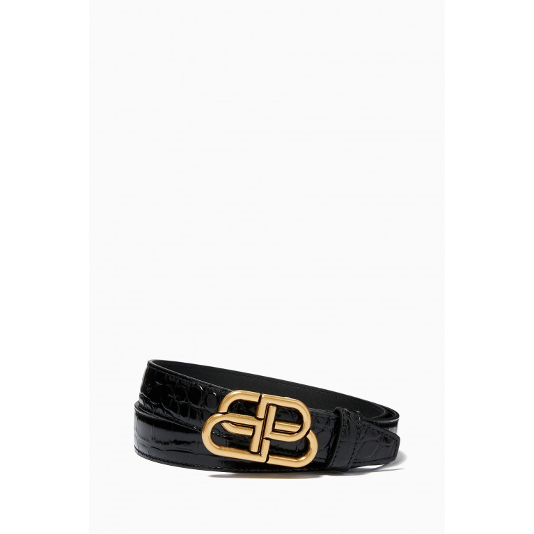 Balenciaga - BB Thin Belt in Crocodile Embossed Calfskin Black