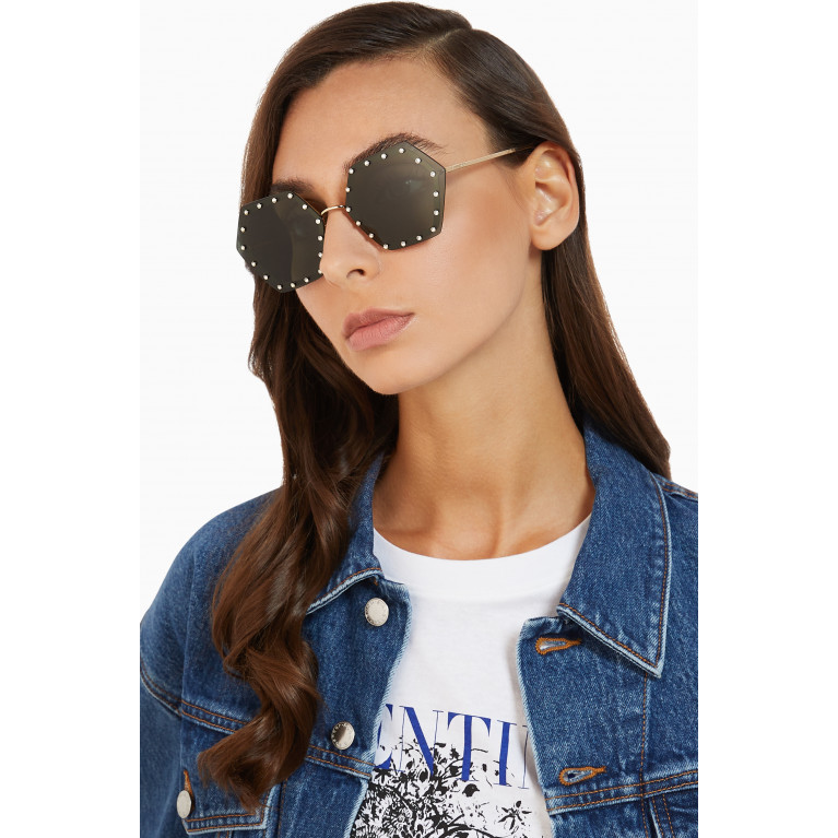 Valentino - Crystal Studded Hexagonal Frame Metal Sunglasses