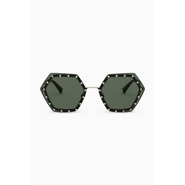 Valentino - Crystal Studded Hexagonal Frame Metal Sunglasses