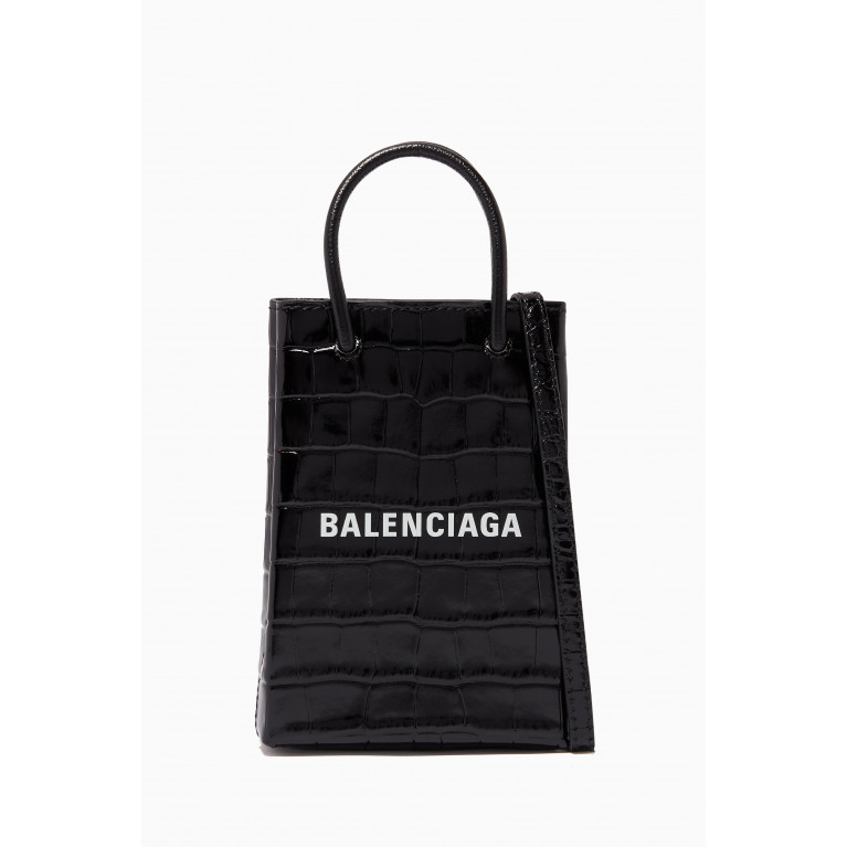 Balenciaga - Shopping Phone Holder in Shiny Crocodile Embossed Leather