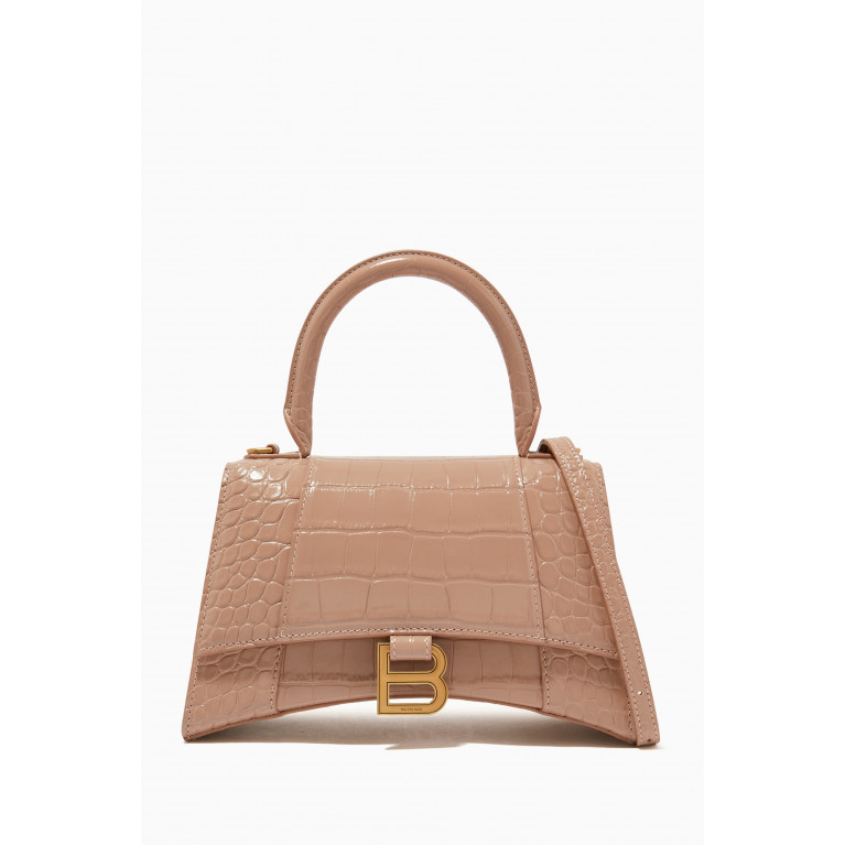Balenciaga - Hourglass Small Top Handle Bag in Shiny Crocodile-Embossed Calfskin Neutral
