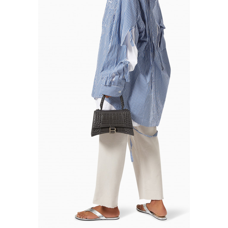 Balenciaga - Hourglass Small Top Handle Bag in Shiny Crocodile-Embossed Calfskin Grey