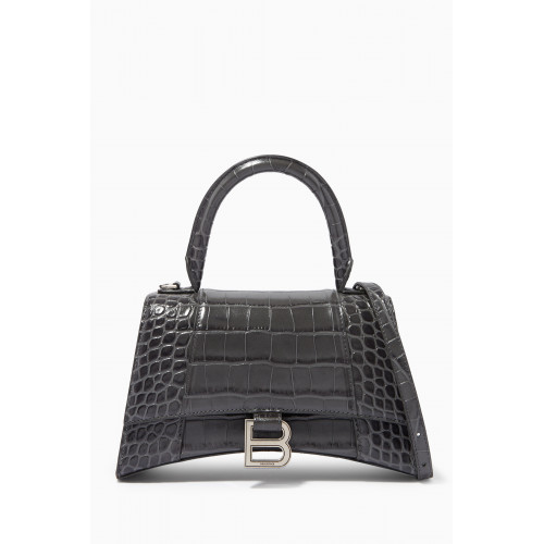 Balenciaga - Hourglass Small Top Handle Bag in Shiny Crocodile-Embossed Calfskin Grey