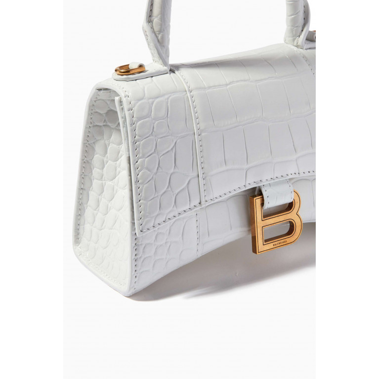 Balenciaga - Hourglass XS Top Handle Bag in Shiny Crocodile Embossed Calfskin White