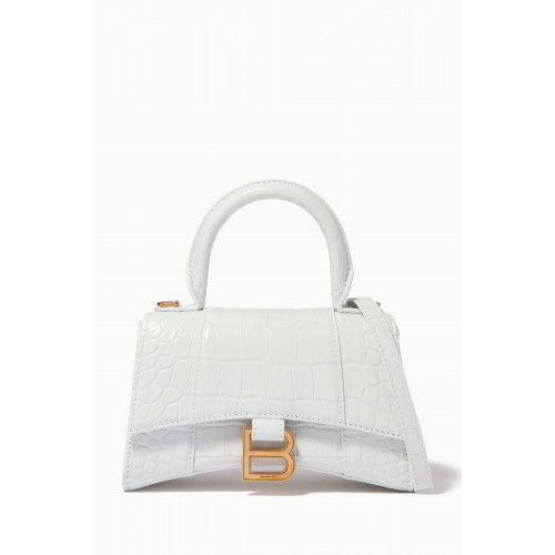 Balenciaga - Hourglass XS Top Handle Bag in Shiny Crocodile Embossed Calfskin White