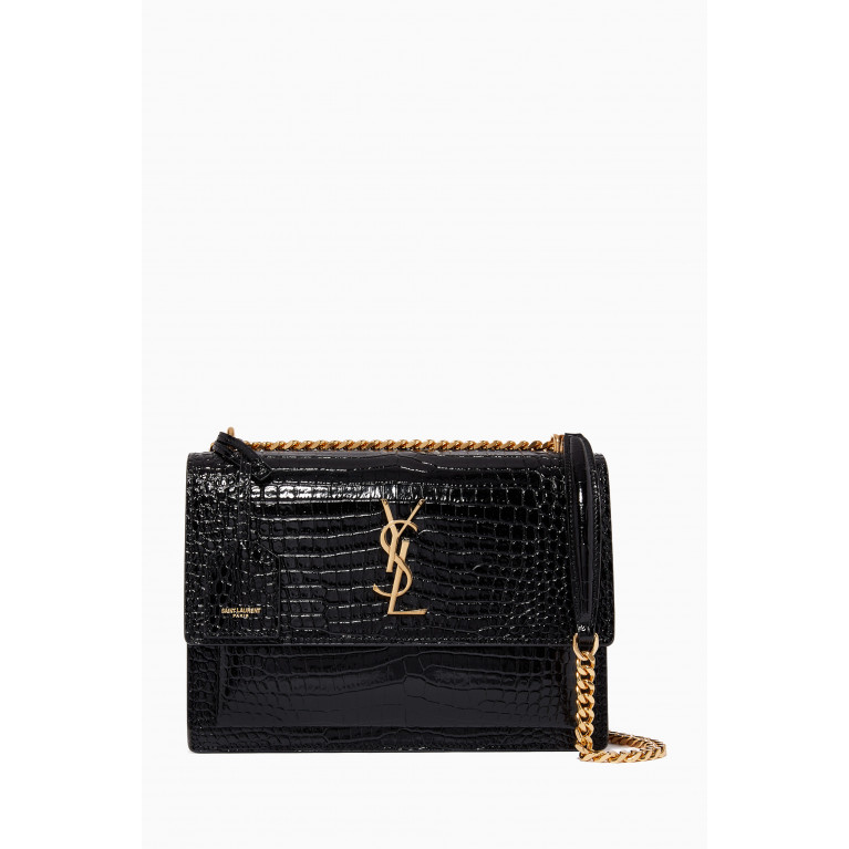 Saint Laurent - Medium Sunset Bag in Crocodile-Embossed Shiny Leather Black