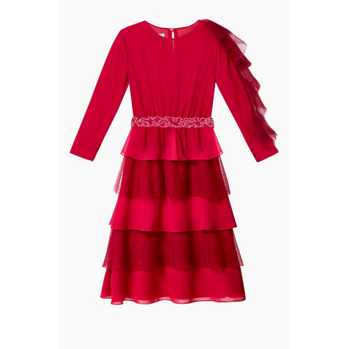 Amal Al Raisi - Ruffle Embroidered Chiffon Dress Red