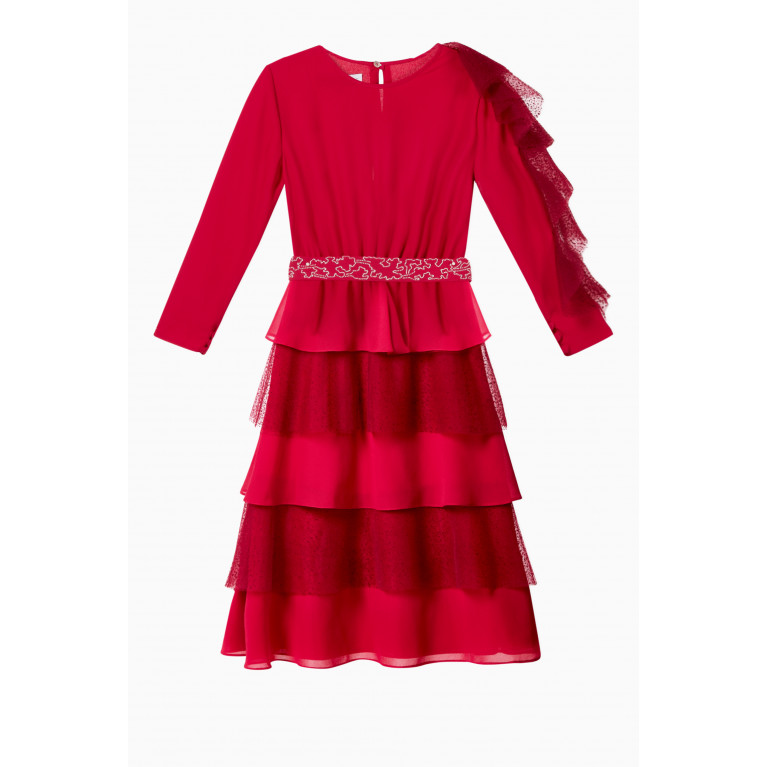 Amal Al Raisi - Ruffle Embroidered Chiffon Dress Red