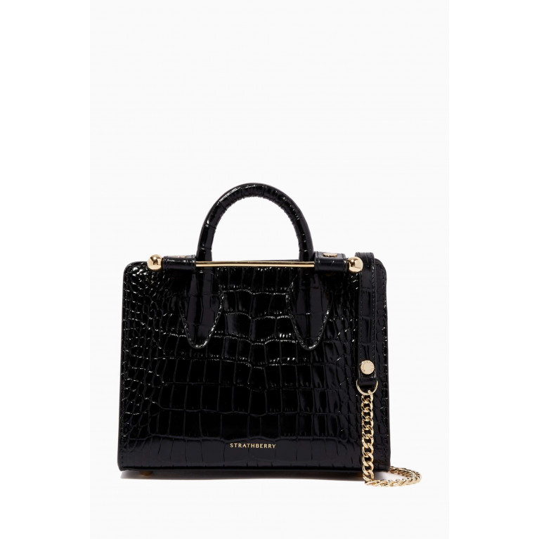 Strathberry - Nano Tote Bag in Croco Embossed Leather Black