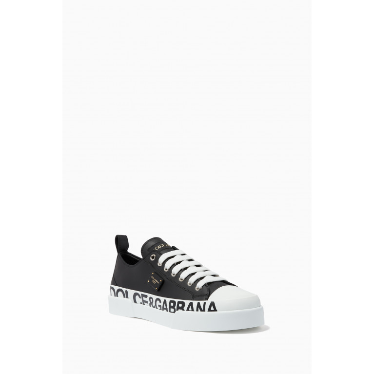 Dolce & Gabbana - Portofino Sneakers with Branded Plate & Logo Print in Leather Black
