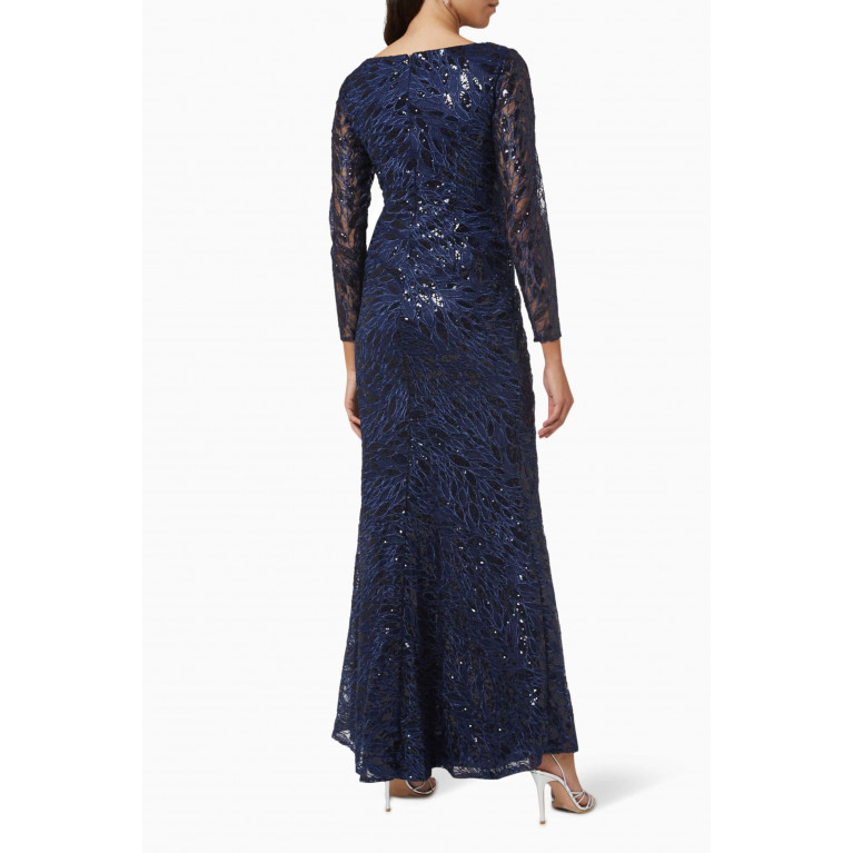 Mac Duggal - Ruched Lace Gown with Sequin Embroidery Blue