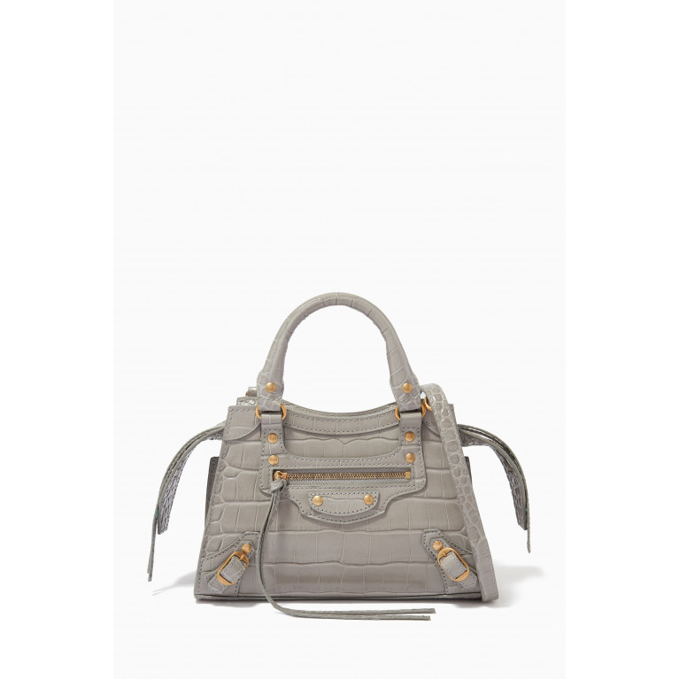 Balenciaga - Neo Classic Mini Top Handle Bag in Shiny Crocodile Embossed Calfskin Grey