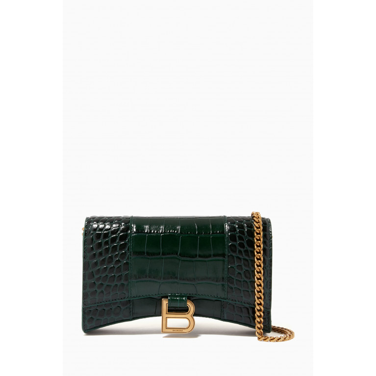 Balenciaga - Hourglass Mini Wallet on Chain in Shiny Crocodile Embossed Calfskin Green