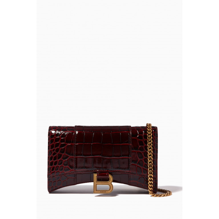 Balenciaga - Hourglass Mini Wallet on Chain in Shiny Crocodile Embossed Calfskin Red
