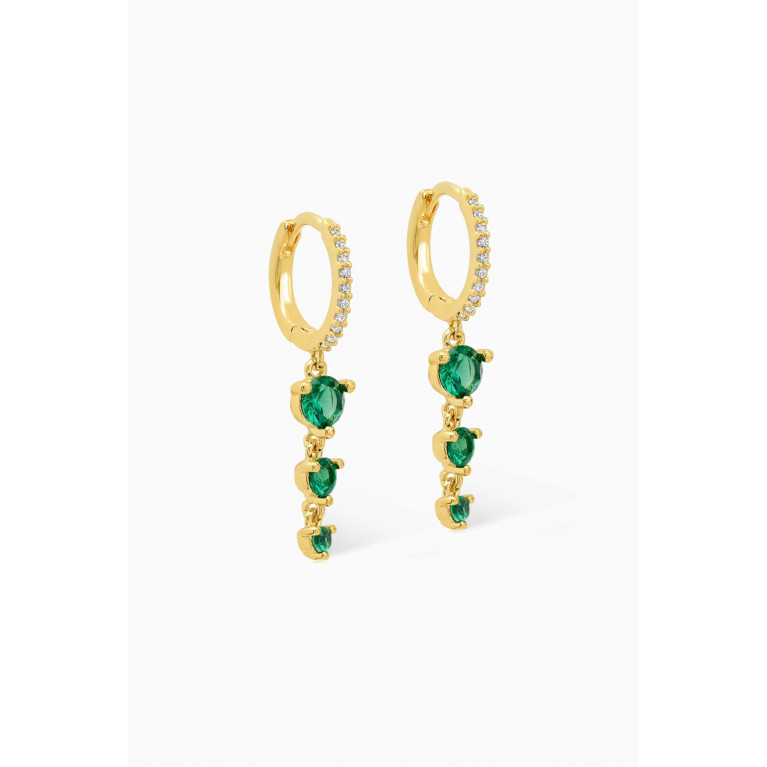 Tai Jewelry - Glass Stone Dangles Pave Huggie Earrings in Gold-plated Brass Green