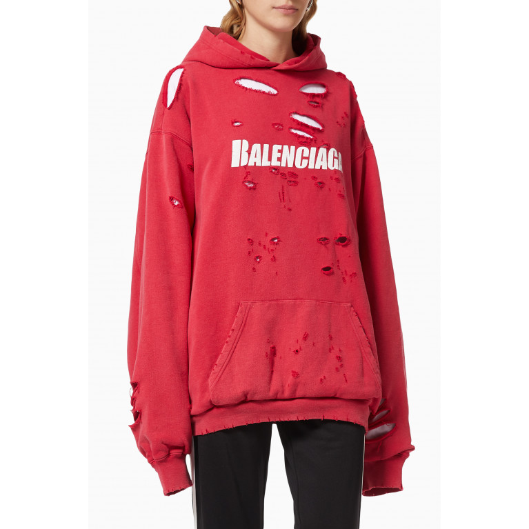 Balenciaga - Caps Destroyed Oversized Hoodie in Organic Medium Fleece Red