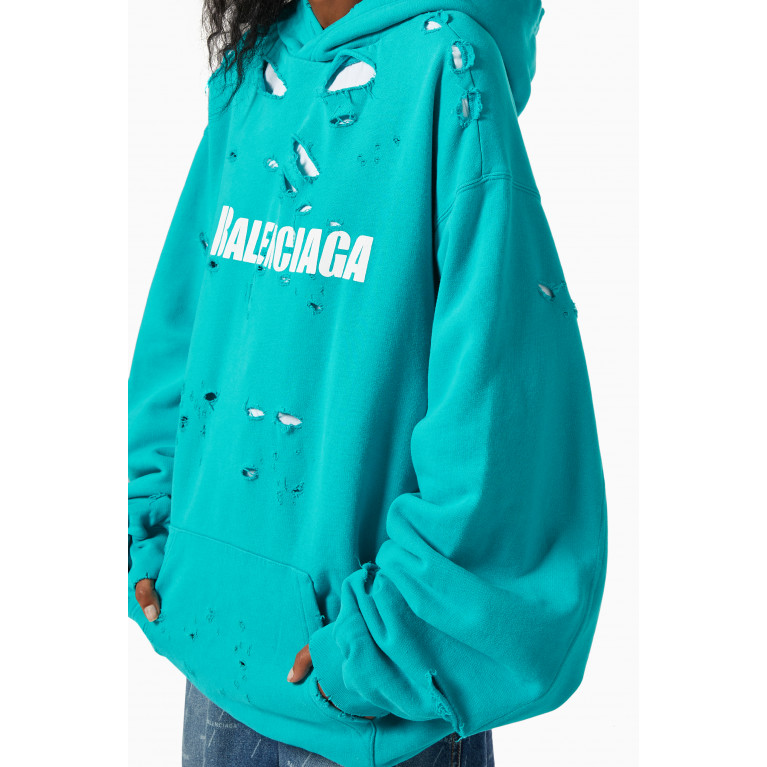 Balenciaga - Caps Destroyed Oversized Hoodie in Organic Medium Fleece Blue