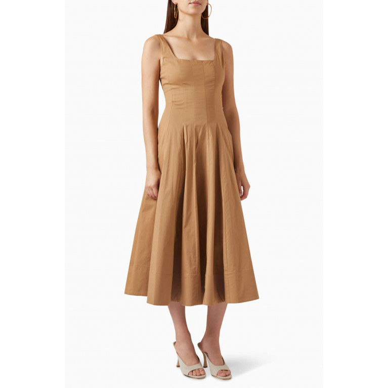 Staud - Wells Midi Dress in Cotton Poplin Brown