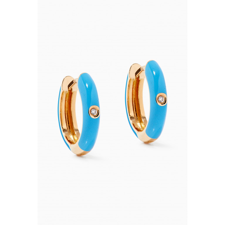 The Golden Collection - Enamel Huggies with Diamond in 18kt Yellow Gold Blue