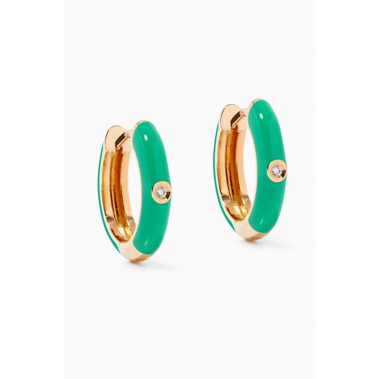 The Golden Collection - Enamel Huggies with Diamond in 18kt Yellow Gold Green