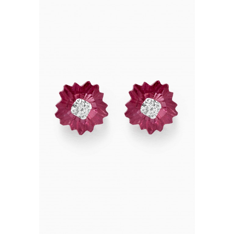 Baby Fitaihi - Floral Rhodolite Stud Earrings with Diamonds in 18kt White Gold