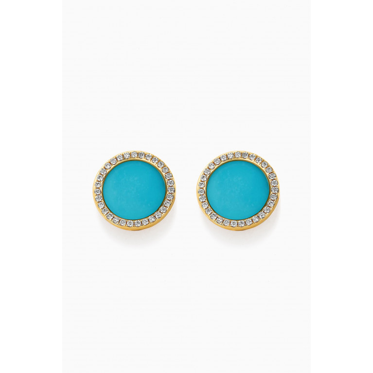 David Yurman - DY Elements® Button Earrings with Turquoise & Pavé Diamonds in 18kt Yellow Gold Blue