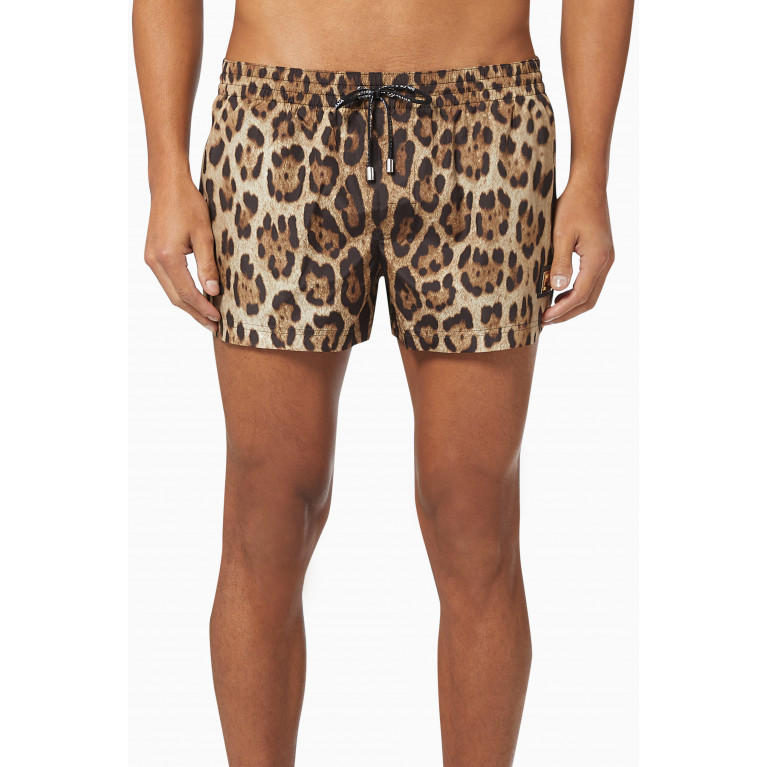 Dolce & Gabbana - Leopard Short Swim Shorts with Logo Plate