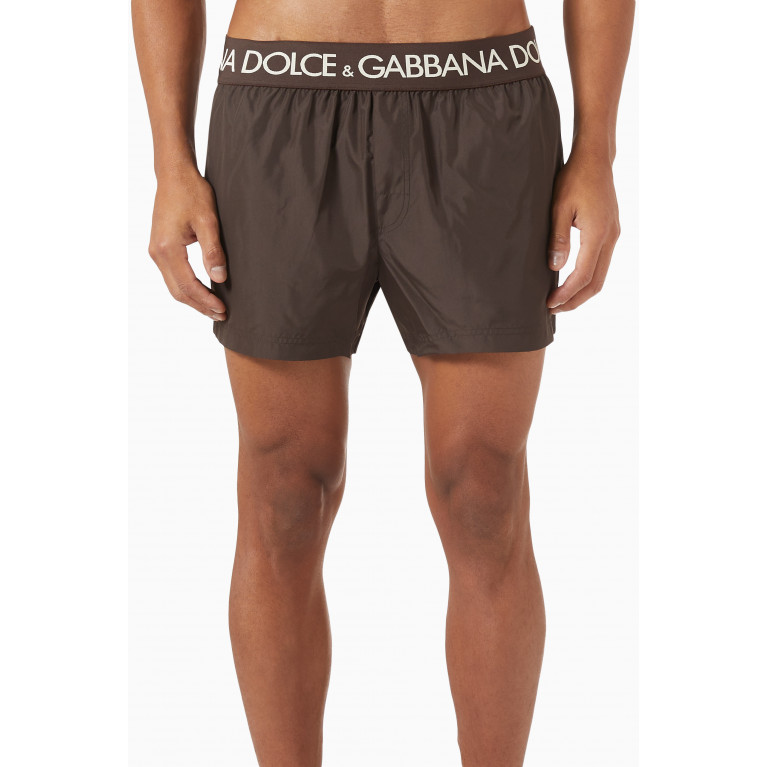 Dolce & Gabbana - Swim Shorts with Branded Waistband Brown