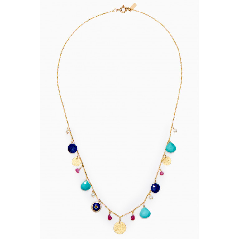Dima Jewellery - Turquoise & Lapis Lazuli Drop Necklace with Diamond Eye in 18kt Gold