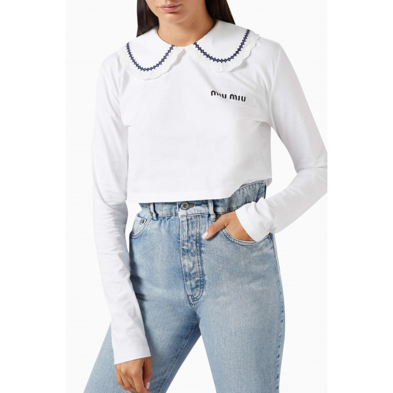 Miu Miu - Wide Collar Cropped T-shirt in Cotton Jersey