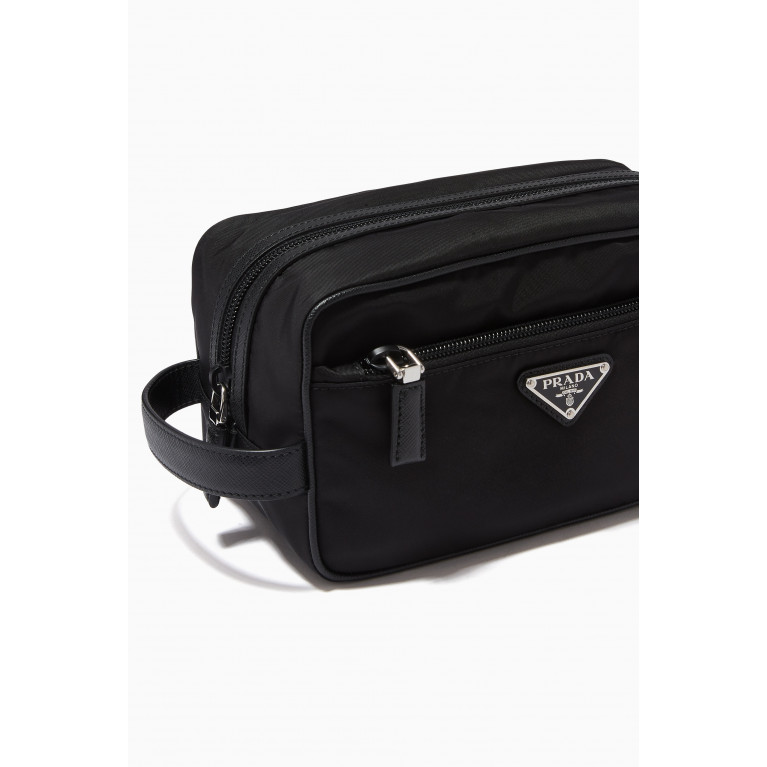 Prada - Triangle Logo Travel Pouch in Re-Nylon & Saffiano Leather Black