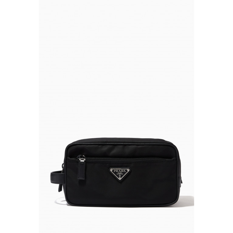 Prada - Triangle Logo Travel Pouch in Re-Nylon & Saffiano Leather Black