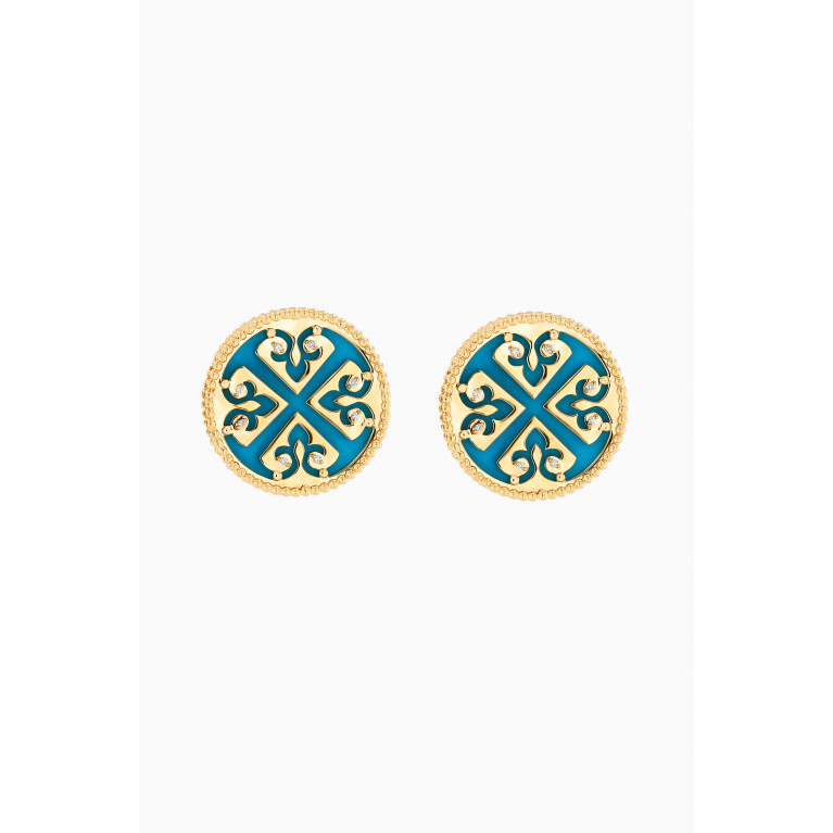 Damas - Lace Stud Earrings with Diamonds & Turquoise in 18kt Yellow Gold