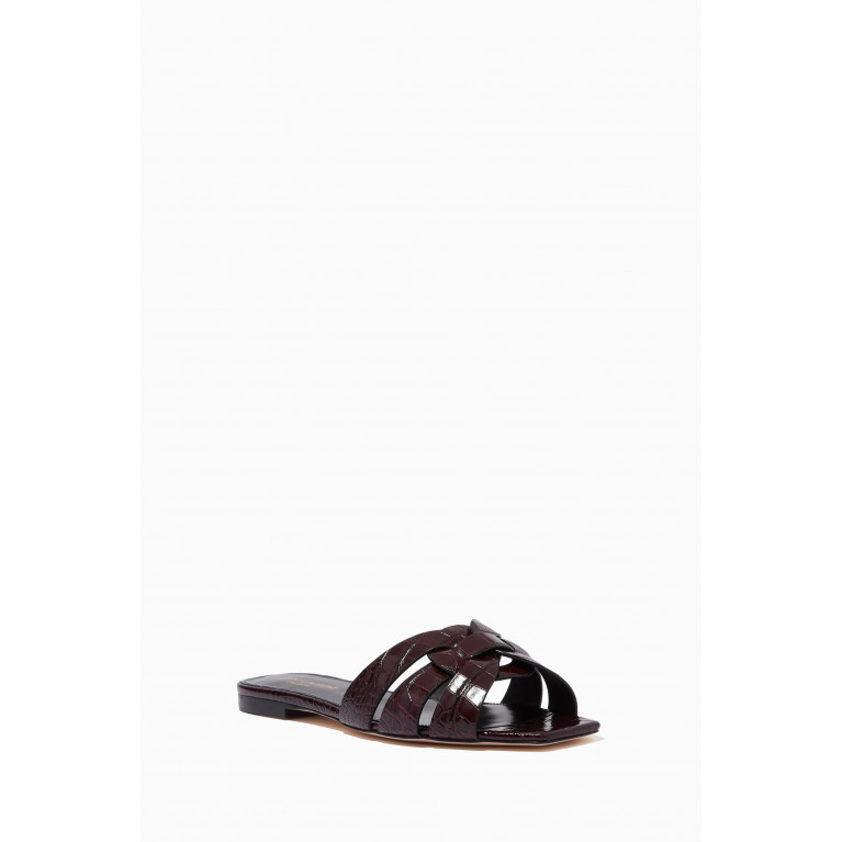 Saint Laurent - Tribute Flat Sandals in Croc-embossed Shiny Leather