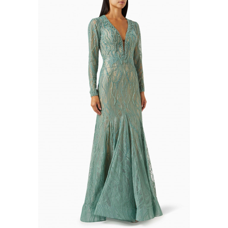 Mac Duggal - Beaded Illusion Gown in Lace Green