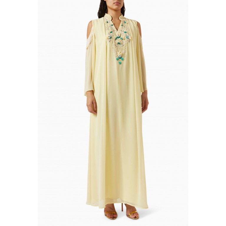 Fatma with Love - Embroidered Cold-shoulder Kaftan in Chiffon Yellow