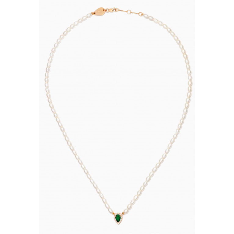Aquae Jewels - Empress Pearls Necklace with Emerald & Diamonds in 18kt Yellow Gold