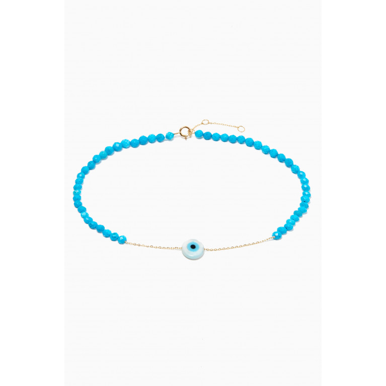 Le Petit Chato - Turquoise Beads Anklet with Eye in 18kt Yellow Gold