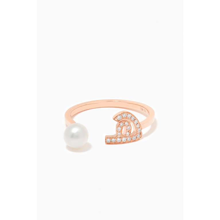 HIBA JABER - "Ha" Letter Pearl Drop Ring with Diamonds in 18kt Rose Gold