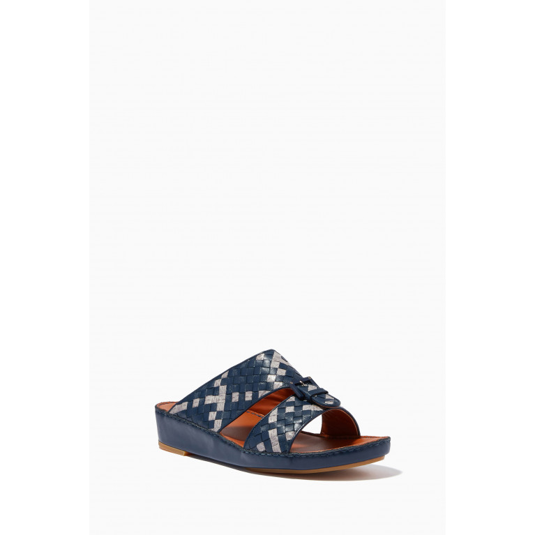 Private Collection - Cinghia Trecce Stitched Sandals in Softcalf & Karung Snakeskin Blue
