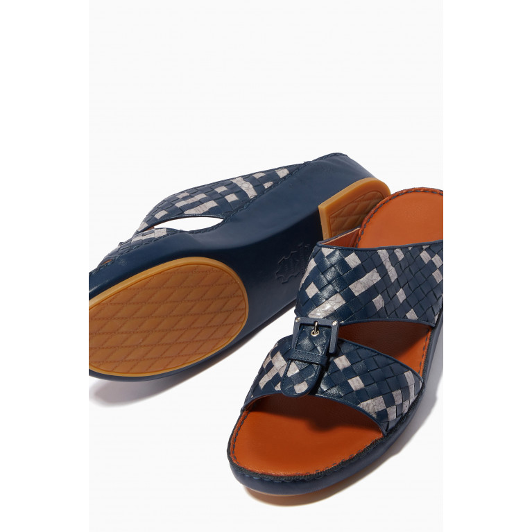 Private Collection - Cinghia Trecce Stitched Sandals in Softcalf & Karung Snakeskin Blue