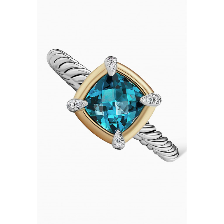 David Yurman - Petite Châtelaine® Hampton Blue Topaz & Pavé Diamonds Ring with 18kt Yellow Gold Bezel in Sterling Silver Blue