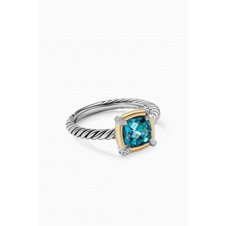 David Yurman - Petite Châtelaine® Hampton Blue Topaz & Pavé Diamonds Ring with 18kt Yellow Gold Bezel in Sterling Silver Blue