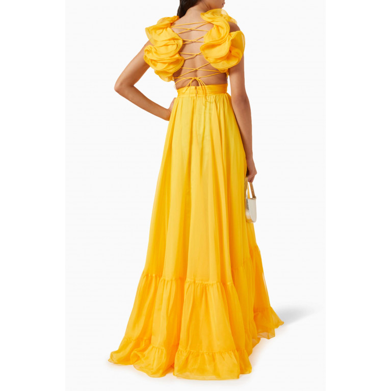 Mac Duggal - Ruffle Tiered Cut-out Gown in Chiffon Yellow